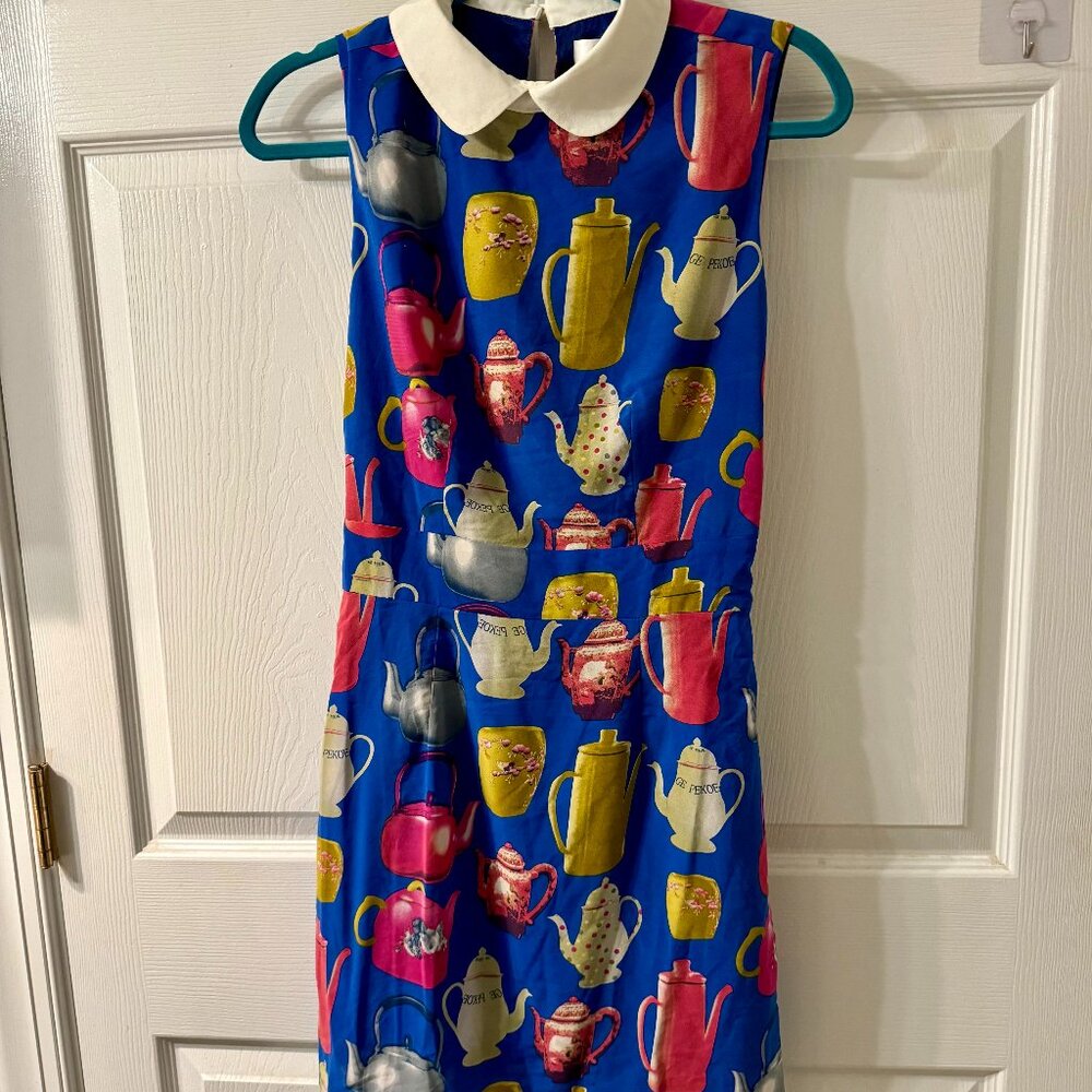 Teapot Print Fit & Flare Dress w/ Peter Pan Collar | Size M | Whimsical Vintage